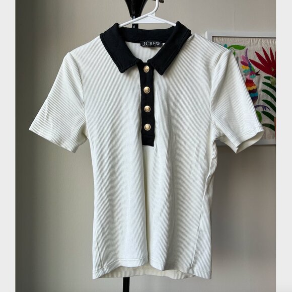 J. Crew Tops - J. Crew White & Black Vintage Rib Polo T-Shirt with Gold Buttons - Size M